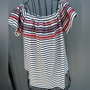 THML Mirah Off-The-Shoulder Embroidered Cotton Blend Knit Top